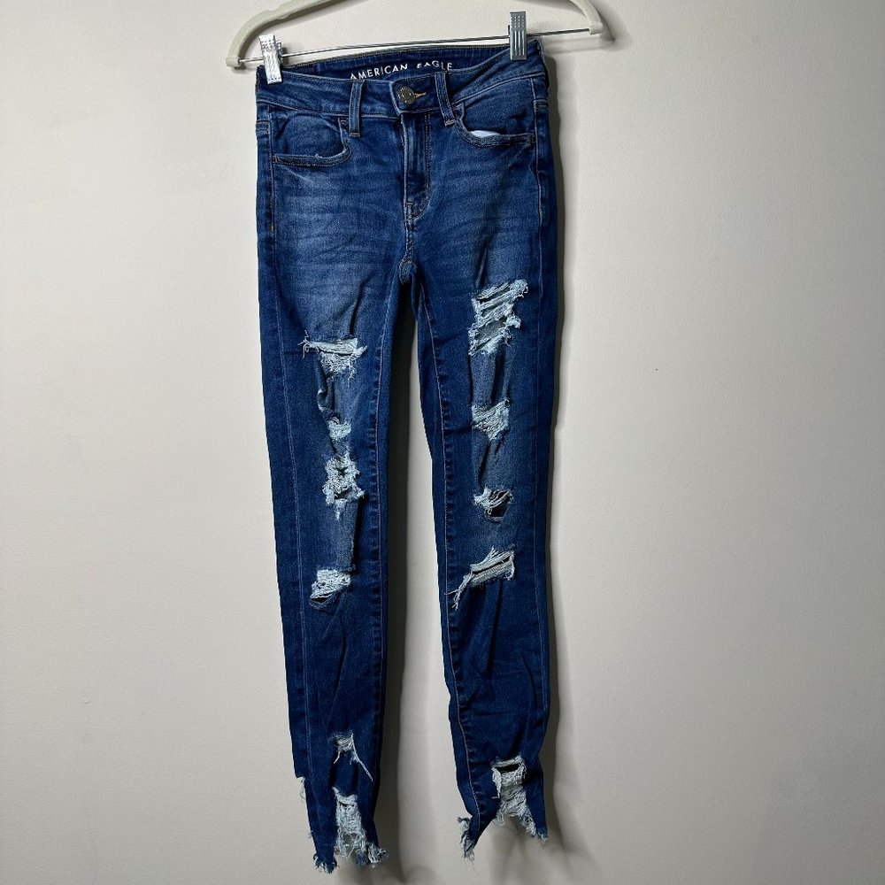 American Eagle Blue Distressed Jegging Crop Jeans Women's 0 Regular